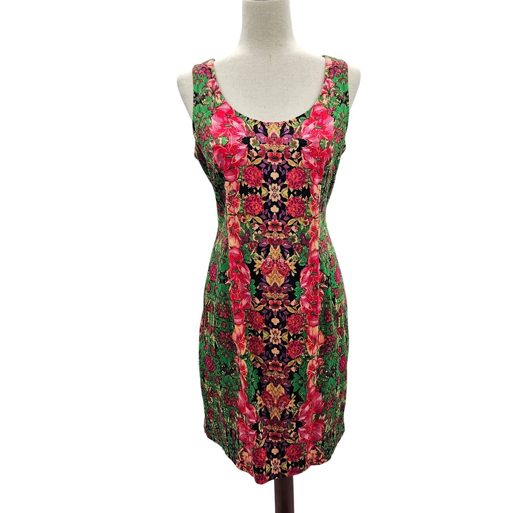 R&K Originals Floral Sheath Dress Size 8 Sleeveless Pink Green Cotton Blend